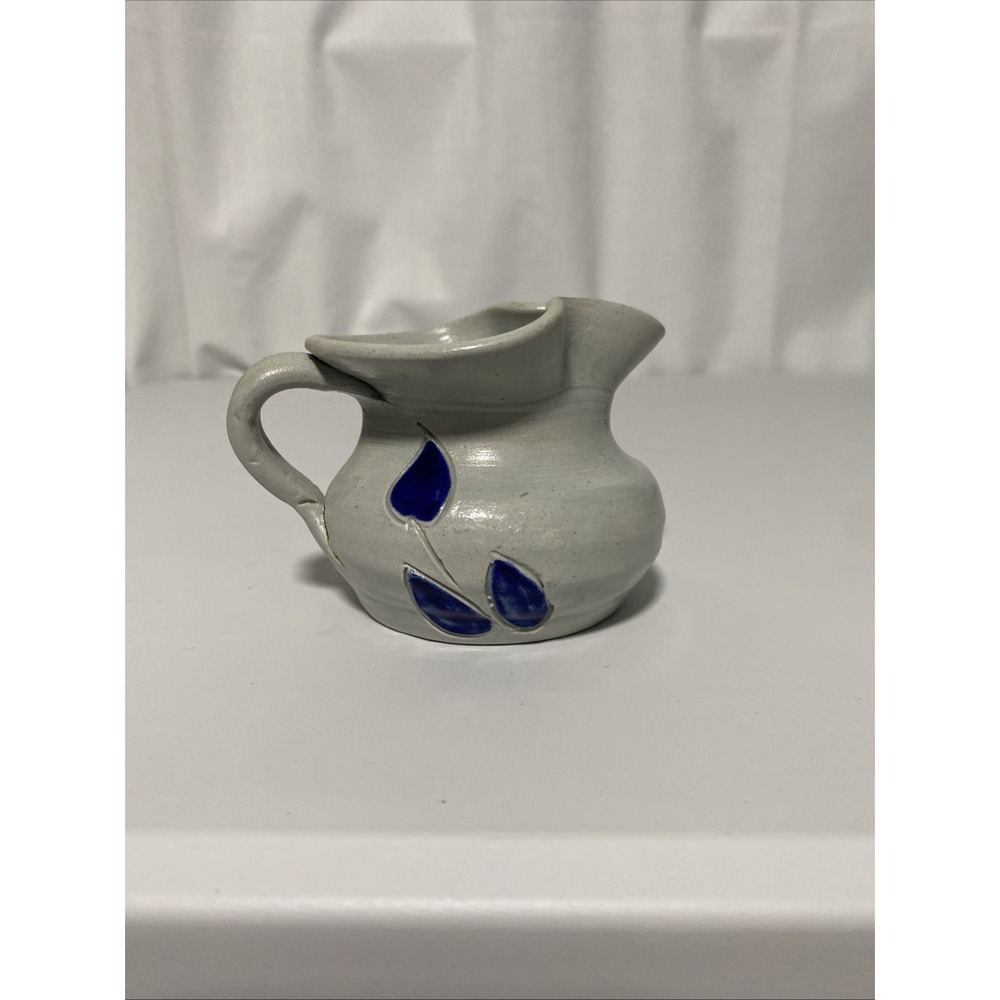 Williamsburg Pottery Blue Salt Glaze Small Creamer Cobalt Blue Leaf Gray 3"